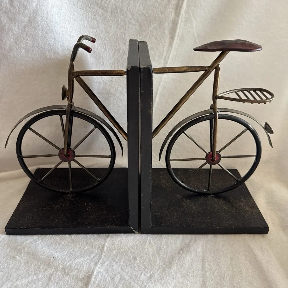 Retro Bicycle Bookends Distressed Black & Gold Metal Shelf Decor 12x8